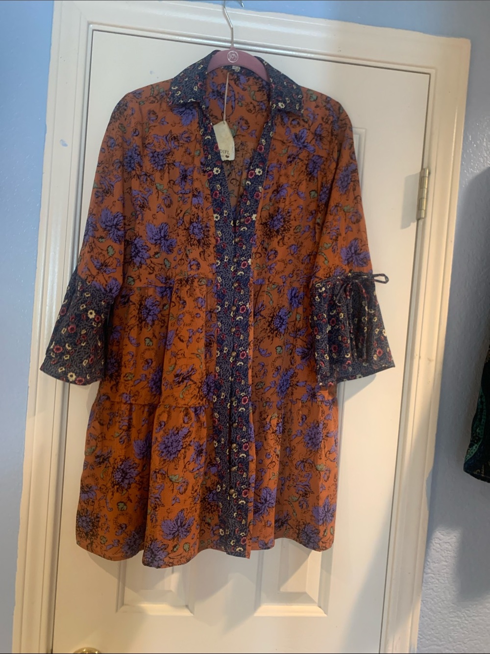 JODIFL Rust Orange Dress with Lavendar/blue Floral Print and Contrasting Trim